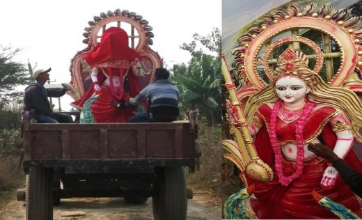 सरसत्ती पूजा का तैयारी: माता के मुंह को अखबार लेकर झाँप दो, कल पूजा के बाद आंख खुलेगा